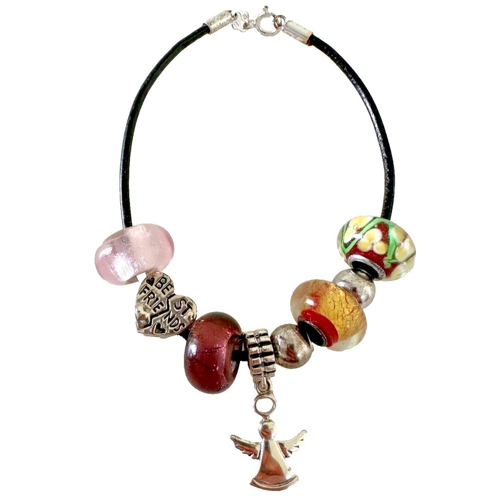 Sterling silver Bracelet Bead Charms Murano Glass Angel Best Friend Black Rope